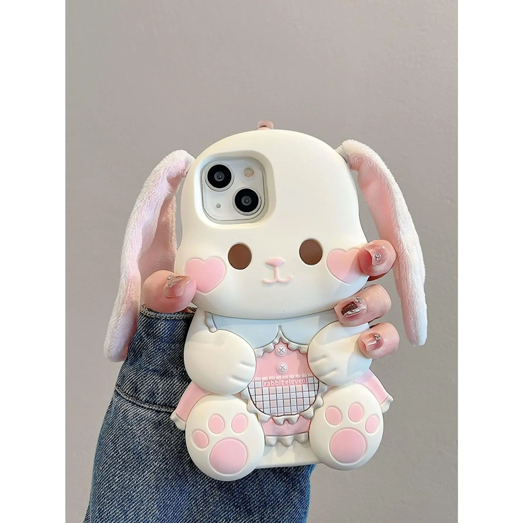 Cute 3D Plush Ear Rabbit Suitable For 15 Phone Cases iPhone 14 Pro Max 13 12 Silicone Soft Case Fall Protection Case