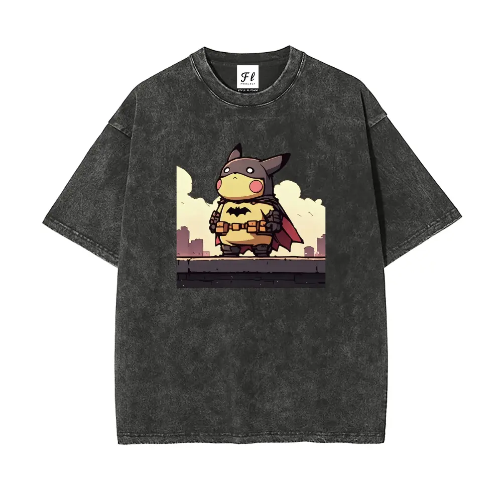 Men's Vintage Acid Wash Pika-Batman Graphic Tee - Heavyweight Cotton Fabric, Garment Dyed, Stretch, Short-Sleeve, Round Neck, Drop Shoulder Oversized Fit,summerwins,father'sdaygifts