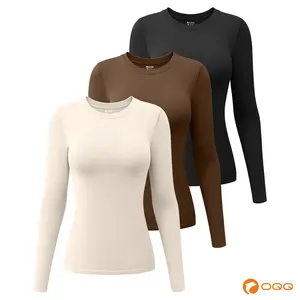 OQQfitness T-Shirt for Women Crew Neck Long Sleeve 90% Nylon 10% Polyester Comfortable Fabric