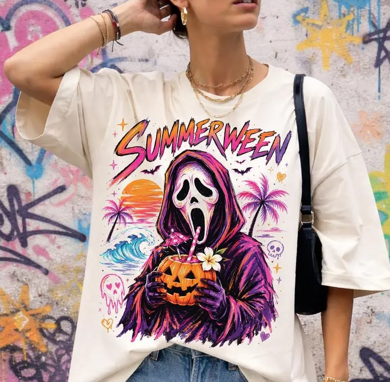 Summer Shirt, Summerween Shirt, Retro Horror Summer Tee, Spooky Ghost Beach Vacation Shirt, Halloween Summer Graphic Tee