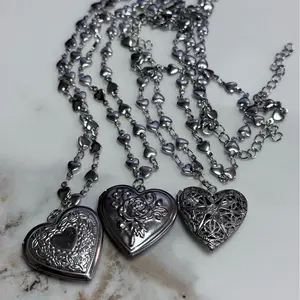 Romantic Heart Photo Locket Frame Pendant Necklace Silver Color Stainless Steel Love Heart Charms Necklaces Women Y2K Jewelry