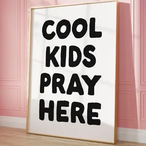 Christian Kids Wall Art - Cute Prayer Print Featuring "COOL KIDS PRAY HERE" on White Background - Kids Room Decor for Spiritual Growth
