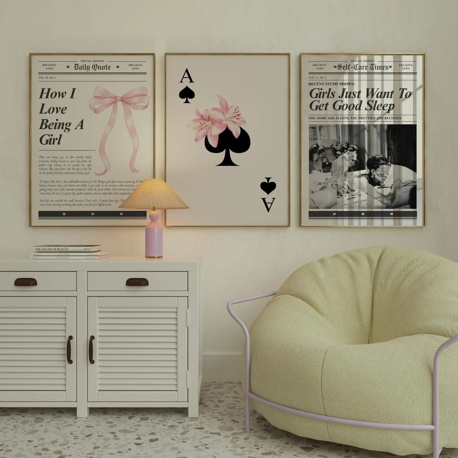 Pink Bow Wall Art Set of 3, Feminine Newspaper Style Posters, Floral Playing Card Artwork, Romantic Vintage Aesthetic, Chic Bedroom Wall Decor