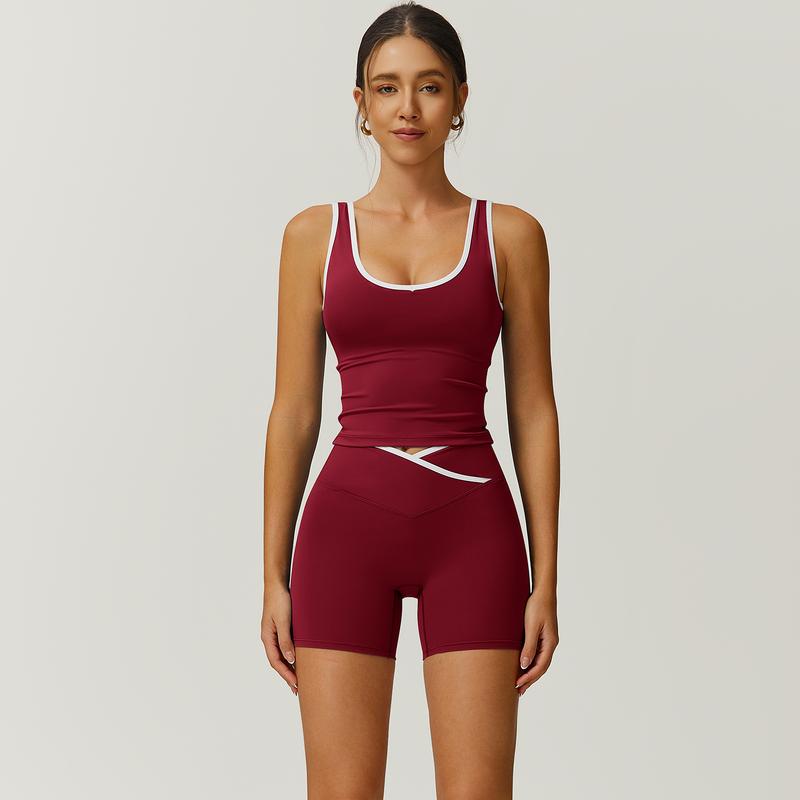 TimeOFF Color-Blocked Halter Crop Tube Top & Mid-Rise Shorts Set, Deep V-Back Cutout & Contrast Binding, Solves Stylish Support & Flattering Fit Need for Yoga, Fitness Classes & Active Lifestyle Scenarios,comfort sweat set,loungesetwomen,sweatsuits women