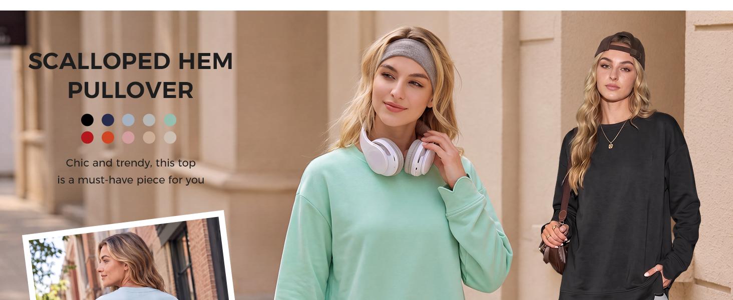 Fisoew Women's Fashion Casual Knit Light Vintage Heather Round Neck Oversized Tunic - Air-layer Fabric Sweatshirt, Long Sleeve, Wavy Scallop Hem & Cuff, Loose Fit Everyday Fall Layering Pullover Top