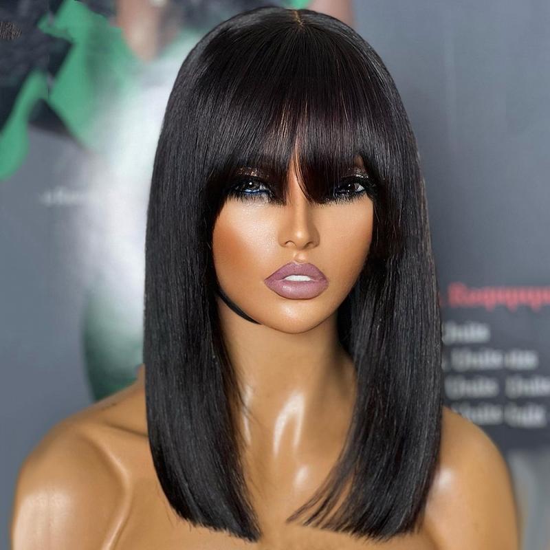 Glueless Straight Bob Wig Human Hair 4x1 Transparent Lace Natural Black for Women Bob Wig with Bangs Human Hair 180% Density Ready to Go Glueless Human Hair Wigs For Women