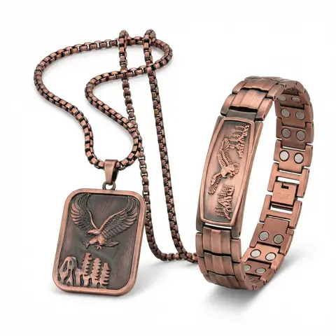 Nandudu Men's Pure Copper Magnetic Bracelet & Necklace, 3800 Gauss Eagle Engraved Design, Gift Jewelry Adjustable Tool