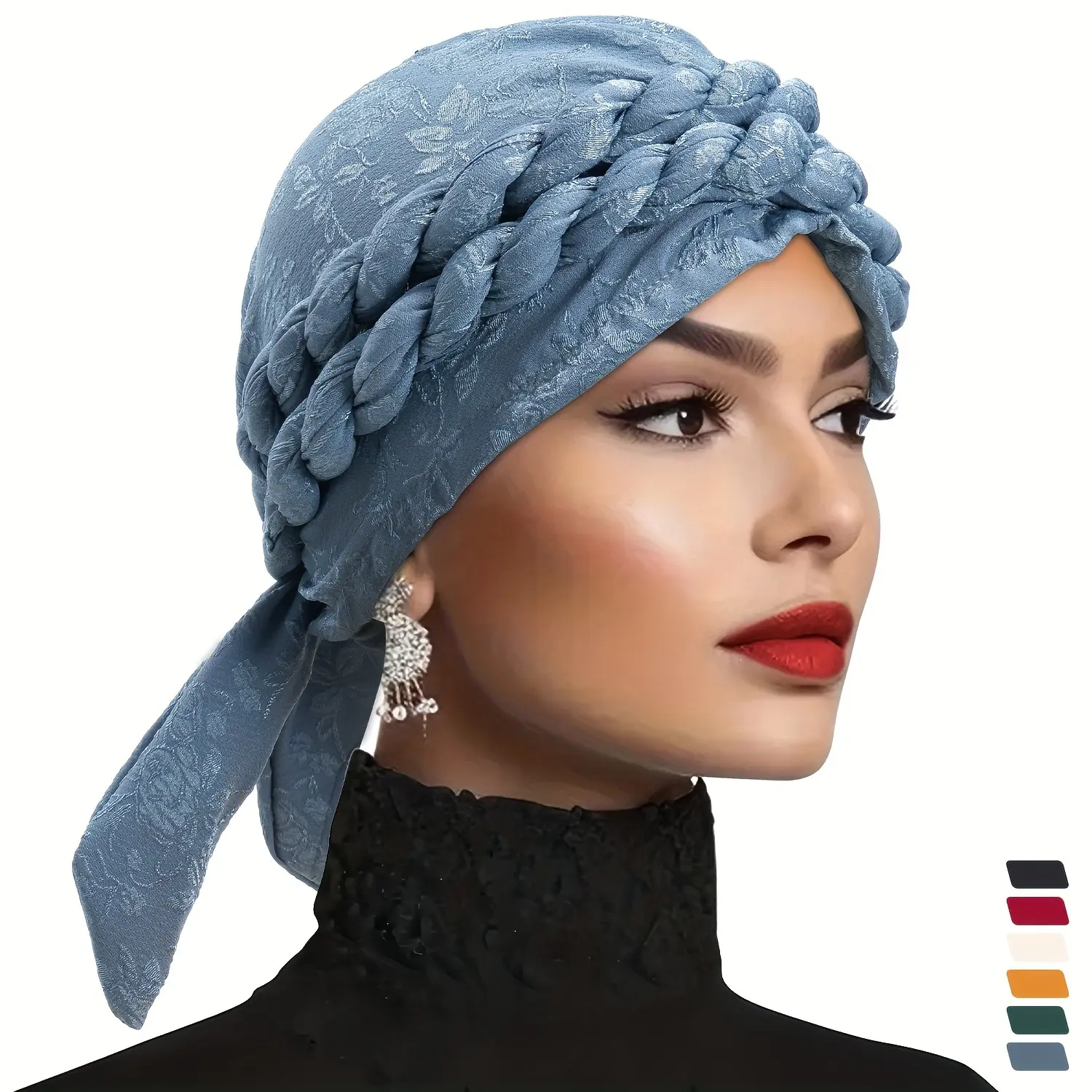 2pcs Set Detachable Headscarf and Braid Suit, Double Braid Pre-tied Turban Cap Solid Color Embossing Pleated Head Wrap Female Head Wrap Bonnet Turbante Muje