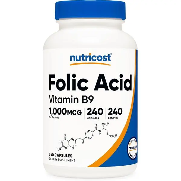Vitamin B9 Folic Acid Supplement, 1000 mcg, 240 Capsules