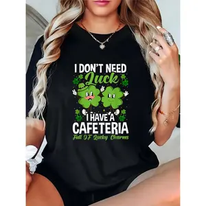Women's St. Patrick's Day T - Shirt, Funny Clover Cartoon & "Lucky Charms Cafeteria" Quote, Casual Irish Festival Party Daily Tee 100% Cotton T-shirt