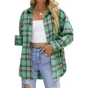 Plus Size Flannel Plaid Shirts for Women Long Sleeve Button Down Shirts Casual Loose Blouses Tops S-3XL