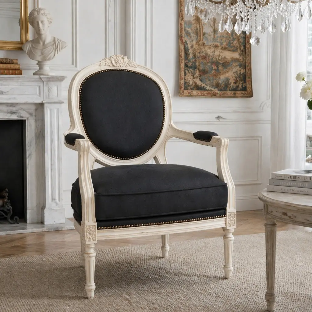 The Deauville Louis Chair - Charcoal Velvet, Modern Single Person Indoor Furniture Chair for Interiors, 24 Inches (D-Seat) with Nailhead Trim, Weathered Paint