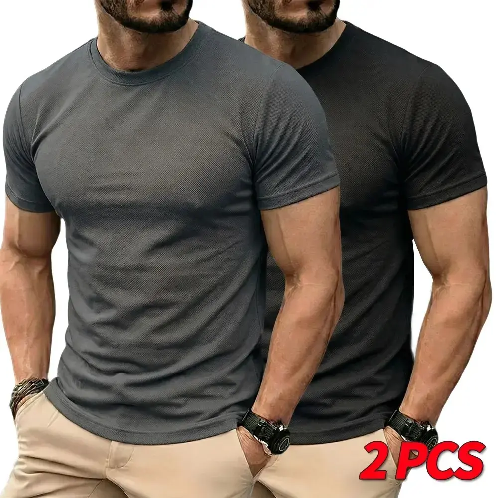Pack of 2Men’s solid-color basic T-shirt pack, breathable and moisture-wicking, available in multiple colors for versatile styling, suitable for everyday wear, going out, workouts, and outdoor activities in summer.