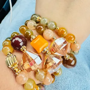 Tiger eye owl cappuccino Quinteto 5 Stacker Bracelet 14k Gold Plated Components All Natural Gemstone Blue & Gold Beads Fashion Jewelry with Colorful Beads