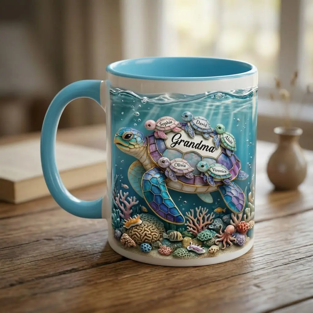Personalized Sea Turtle Family Mug, 2D Printed 3D Effect Beach Coffee Mug with Custom Names, Faux 3D Sea Turtle Family Mug for Grandma and Beach Lovers, Coastal Ocean Theme Coffee Cup, Perfect Birthday Christmas Mother’s Day Gift for Grandma