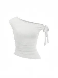 Women's Summer Korean Style Graphic Asymmetrical Top, Single Shoulder Twist Tie Design, Slim-Fit Casual Wear for Daily, Fashion Womenswear