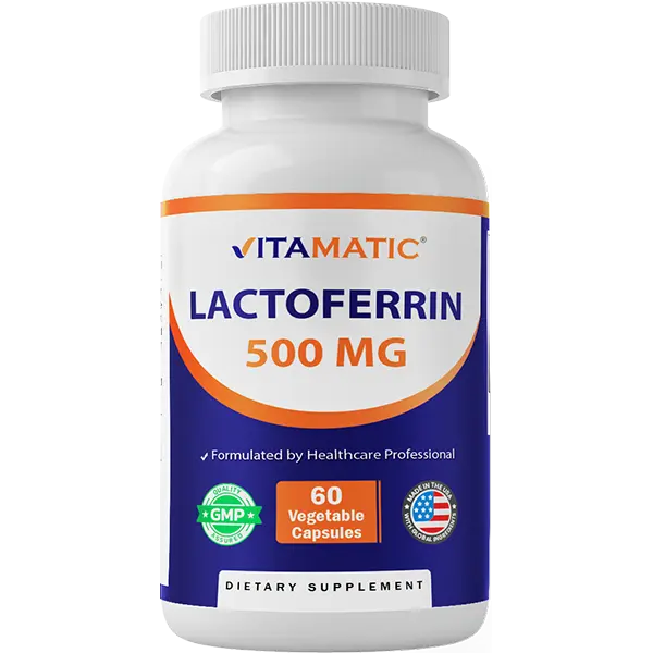Vitamatic Lactoferrin Dietary Supplement - 500 mg, 60 Veg Capsules (60 ct), Sugar Free for Adults, Fitness Support, Iron Absorption Enhancement & Digestive Health