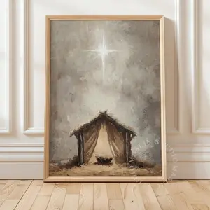 [UNFRAMED POSTER] Christmas Manger Wall Art - Nativity Wall Art - Christian Wall Art - Jesus Nativity Print - Christmas Star Art - Manger Painting