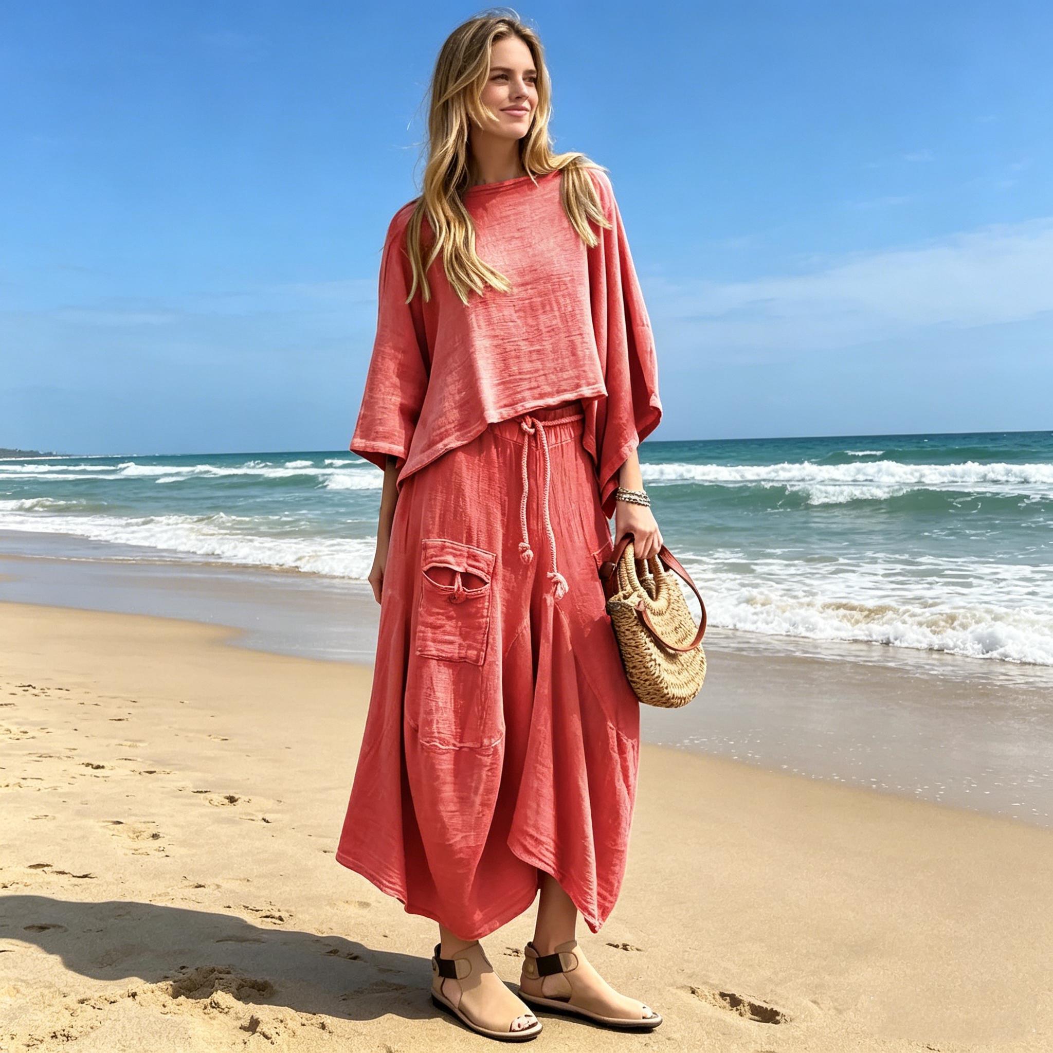 Scacto Women's 2-Piece Basic Casual Solid Color Loose-Vintage-Style Skirt Set -Batwing Sleeve  Polyester Fabric, Summer Street Fashion, Comfortable Women's Clothes, 2XL, All Seasons Daily Wear