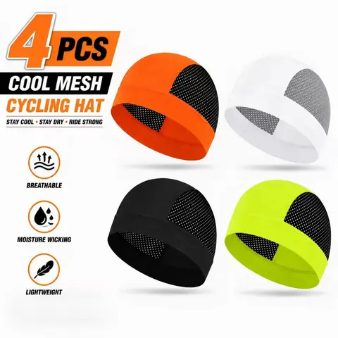 Unisex 4-Pcs Biker Cap, 1 Size Adults' Breathable Skull Caps, Lightweight Mesh Stretch Sweat-Wicking All-Seasons Headwear for Bike Riding, Outdoor Activities