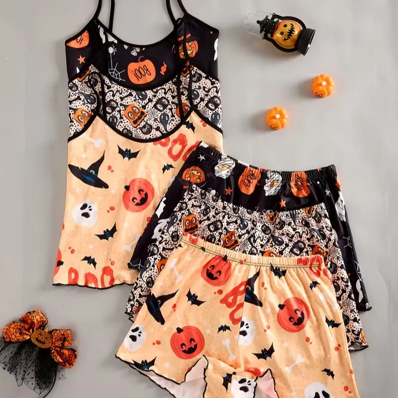 Women's 6-Piece Halloween Print Spaghetti Strap Pajama Set - Cozy Cute Nylon Nightwear Top & Bottoms, Soft Lightweight Breathable Loungewear, Elastic Waist, Heart Accents, Halloween Pajamas for Women