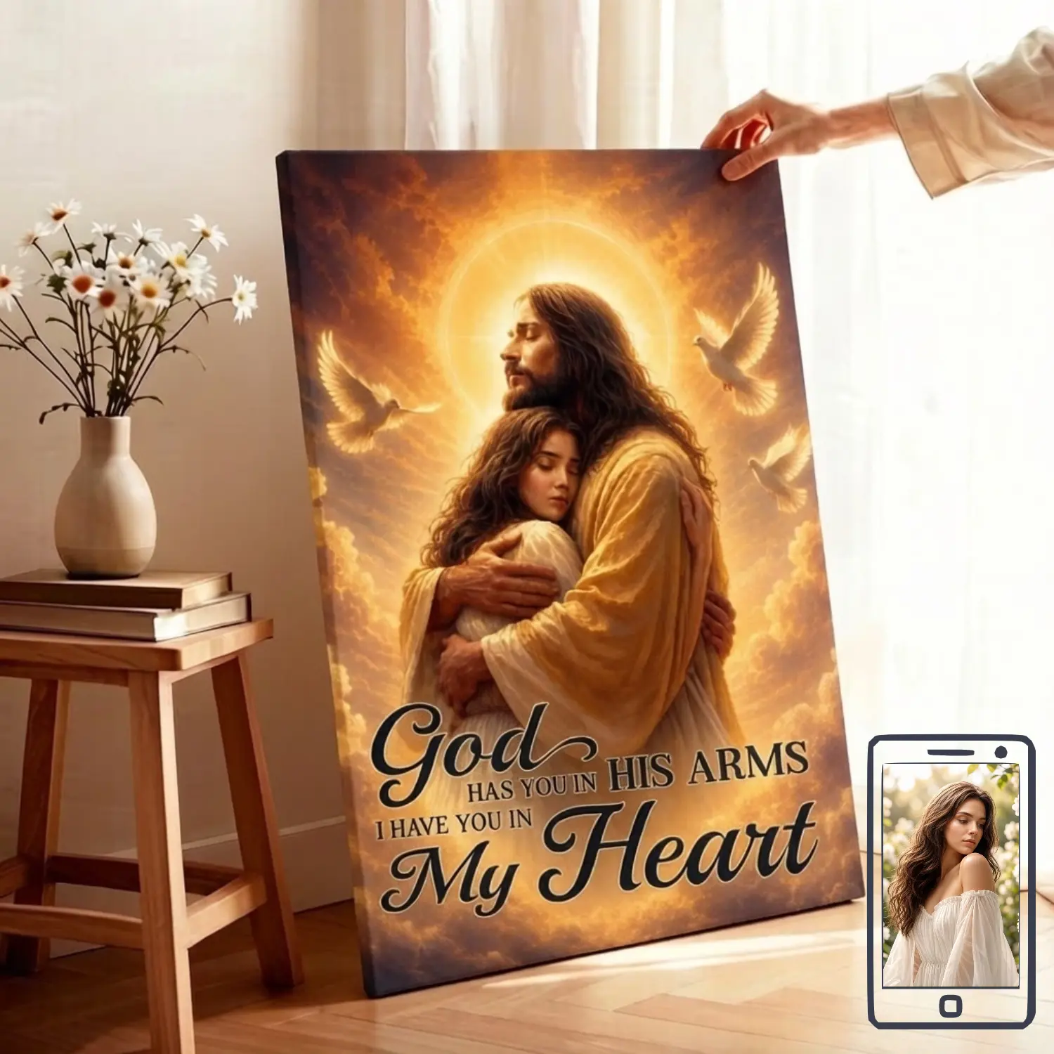 2D Flat Personalized Religious Memorial Canvas Print - Custom Photo Frame, Customizable Text "God Has You in His Arms I Have You in My Heart", Original Jesus Christ Image, Wooden Framed Home Decor, All Seasons Photo Printing Sympathy Gift for Prayer Room,