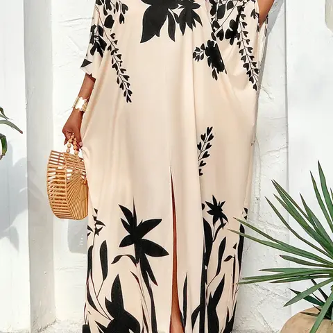 Women's Elegant Chic Long-Sleeve V-Neck Batwing Plant Print Casual Summer Dress, All-Season Plus-Size Commuter Wear Elegance Bohemian Aesthetic