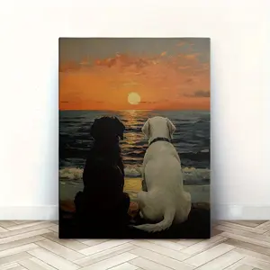 [2D Flat] 1pc  Canvas Art Print - Perfect for Bathroom or Dog Lover Gift, Beach Theme - Decor Whimsical Black Labrador Retriever & White Dog Silhouette by the Ocean at Sunset