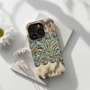 Punchy Western Cowhide & Turquoise Tooled Leather Concho Case for IP Phone 17 16, 15, 14, 13, 12, 11 Pro Max, Plus, X, XR, XS Compatible with Samsung Galaxy S25