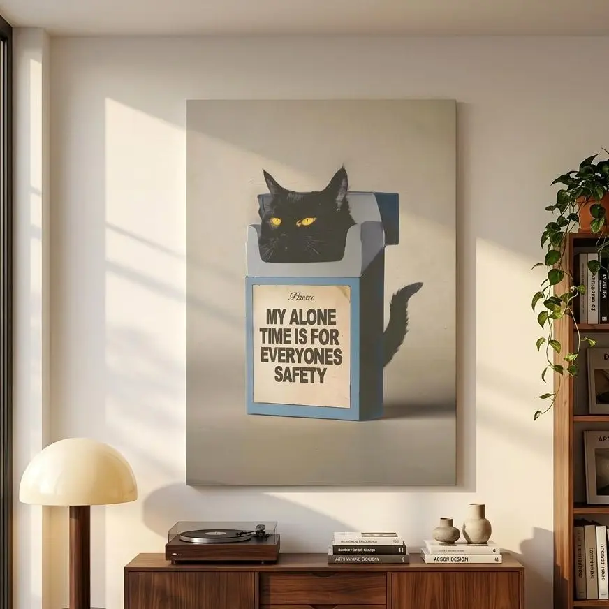 Black Cat In Box Unframed Canvas Wall Art Print, Vintage Sarcastic Humor with Funny Quote "My Alone Time Is For Everyone's Safety", Bedroom Bathroom Home Decor Gift