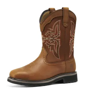 NINGO Men's Steel Toe Cowboy Work Boots: Comfortable Square Toe Western Safety Boots, Water-Resistant Leather Pull-On Construction Shoes - Non-Slip & EH Rated