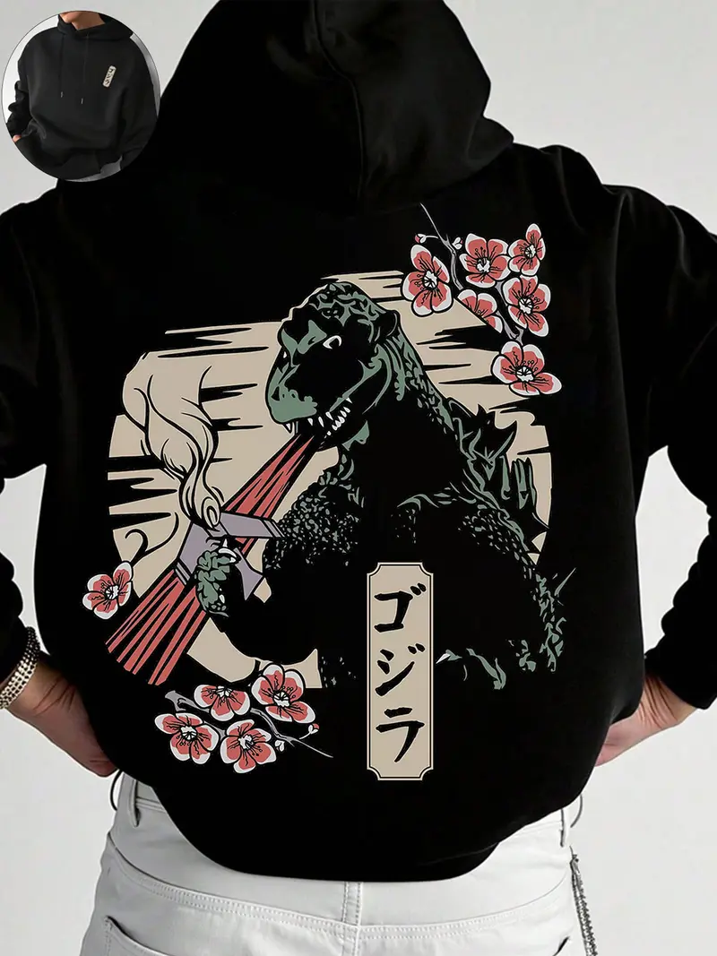 Hoodie with Japanese Style Godzilla Print, Casual Daily Wear, Unique Trendy Look, Comfortable Fit, Perfect for Streetwear Fans, Clothes
