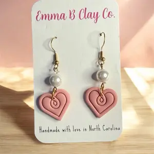 Emma B Clay Co. Classic Light Pink Heart Earrings Handmade with Love in North Carolina Pearl Accents