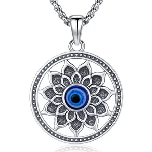 DRINSPER S925 Nazar Evil Eye Charm Necklace Lotus Design Evil Eye Pendant 925 Sterling Silver Jewelry