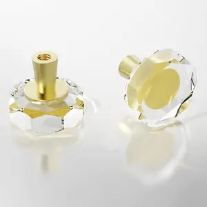 Glass Cabinet Drawer Knobs 8 Pack Gold Crystal Brushed Cabinets Pulls Knob, Solid Base Closet Cupboard Dresser Drawers Hardware Handles, Kitchen Bathroom Bedroom Pull Single Hole Satin Brass Knobs