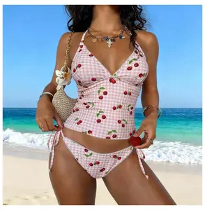 Women's Tankini Swimsuit - Cherry Gingham Two Piece Bathing Suit - Sweetheart Neckline - Retro Vintage Style - Summer Beach Pool Swimwear for Women