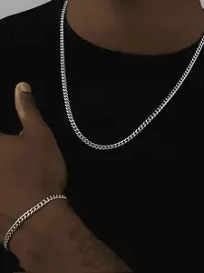 Men's Stainless Steel Bracelet & Necklace Set, Casual Plain Design, Perfect Gift for Dates, Vacations, Parties, Valentine's Day, Birthday, Anniversary