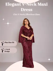 Women's High-Quality Stretch Sequins Super Fitted Plus Size V Neck Long Sleeve Split Sleeves Top Dress, Perfect for Casual & Formal Occasions