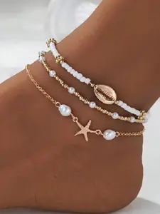 3pcs Women's Boho Style Starfish & Shell Charms Decor Chains Stainless Steel Adjustable Anklet, Trendy Jewellery, Gifts for Girlfriend, Beaded Anklet for Beach Party Vacation, Accessory for Daily Wear, Trendy Jewelry