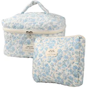Cute Makeup Bag for Women(2 Pcs), Travel Cosmetic Bags, Quilted Coquette Aesthetic Floral Toiletry Organizer Bag