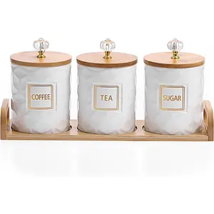 Set of 3 Ceramic Canisters Set for Sugar Coffee Tea With Handle Tray, Luxurious Storage Containers Sets with Lids Decorative Storage Pots White Ceramic Storage Jar for Kitchen Dining Counter