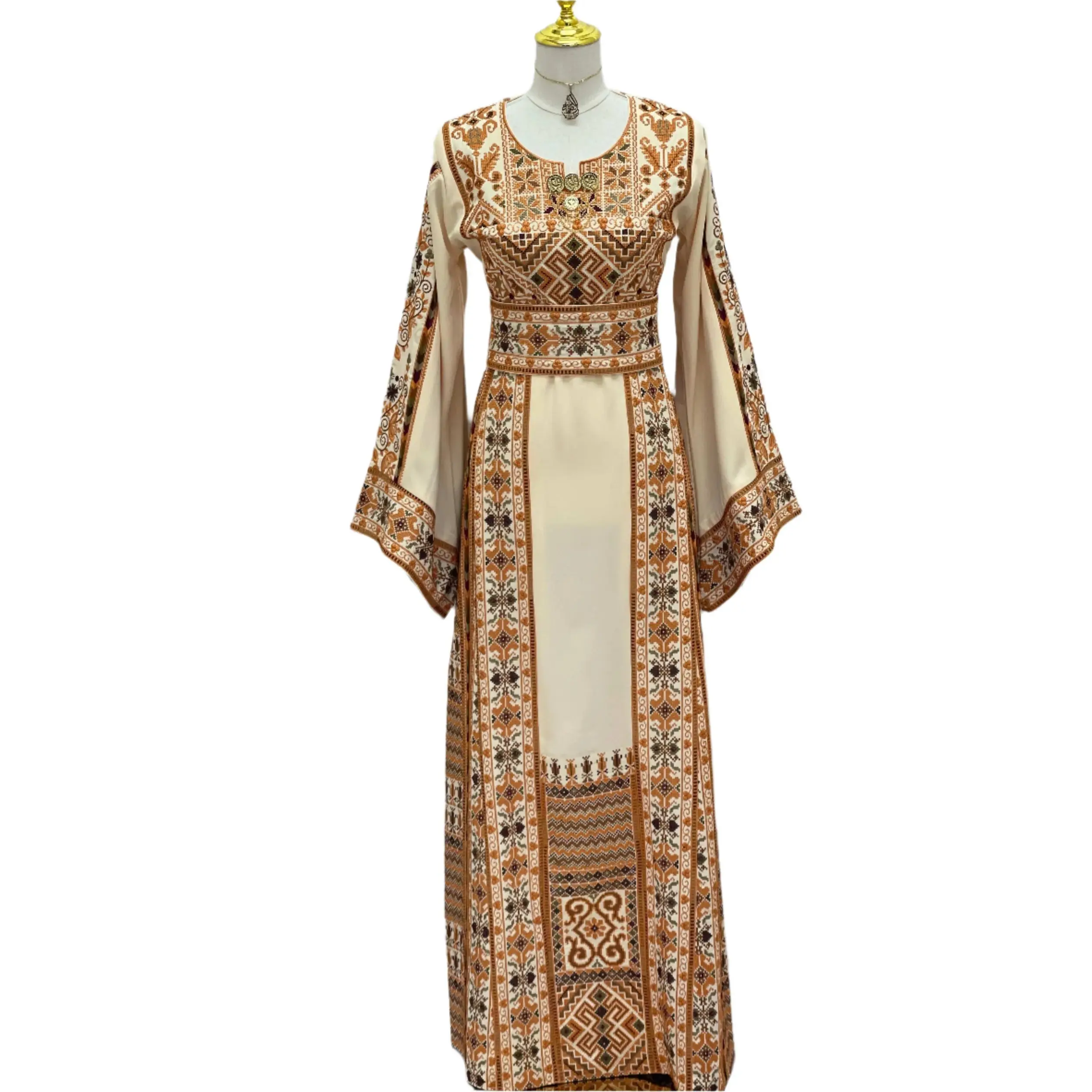 Palestinian Elegance Embroidered Palestine Traditional Beige Thobe