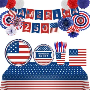 125PCS Patriotic Decorations Party Supplies 4th of July America 250 Independence Day Flag Themed,Disposable Paper Plates Cups Napkins Knives Forks Spoons Tablecloth,Red Blue White Pom Poms Paper Fans