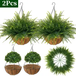 2 Set Artificial Hanging Fern Plants Outdoor Fake Hanging Ferns Planter Includes Hanging Flower Basket And Artificial Fern UV Resistant Faux Fern Plant Basket For Outdoors Patio Garden Home Decor