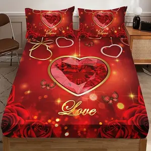 Valentine's Day Theme Luxurious Style 3pcs Heart Rose Pattern Bedding Set, High-Quality Digital Print, All Seasons, Decorative Bedsheet Sets