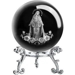 ZEERSHEE 3D The Blessed Virgin Mary Crystal Ball Laser Etched Our Lady of Guadalupe Glass Sphere Statue Mother Mary Christian Catholic Religious Easter Gifts