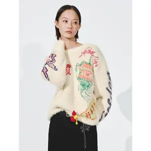 URBAN REVIVO 2026 Spring New Women's Long-Sleeve Sweater, Polyester Fleece-Lined Knitwear Top, Contrast Intarsia Embroidery Detail, Versatile Fabric, UYV960012