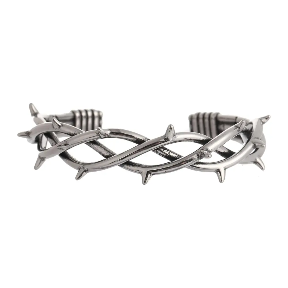 Punk Gothic Thorn Pattern Stainless Steel Twisted Cuff Bracelet - Open Size Unisex Barbed Wire Bangle for Daily Wear Costume Jewelry