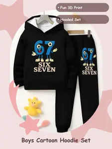 Boys' Digital 67 Cartoon Hoodie Set, Fun 3D Printed Sweatshirt & Long Pants, Casual Two-Piece Set for Spring & Fall, Ages 5-14, Sweatpants