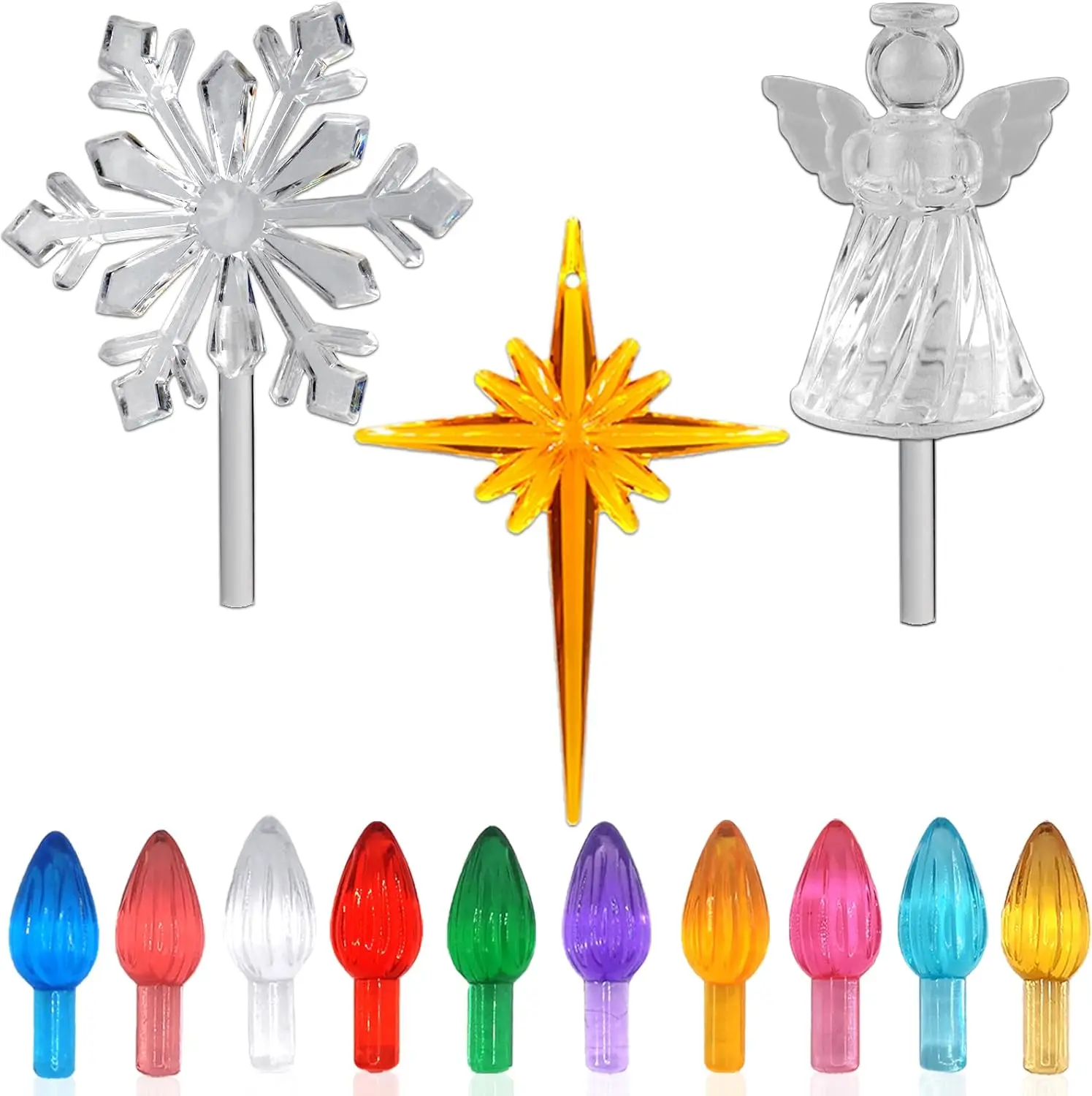 Ceramic Christmas Tree Replacement Bulbs Kit - 110-Count Translucent Porcelain Ornaments, 10 Colors, Composite Material Plastic Light Pegs, 3/16''d Stem, Multicolor-3 Tops (Angel, Snowflake, Cross Stars), Festive Home Decoration, Cross Stars Top